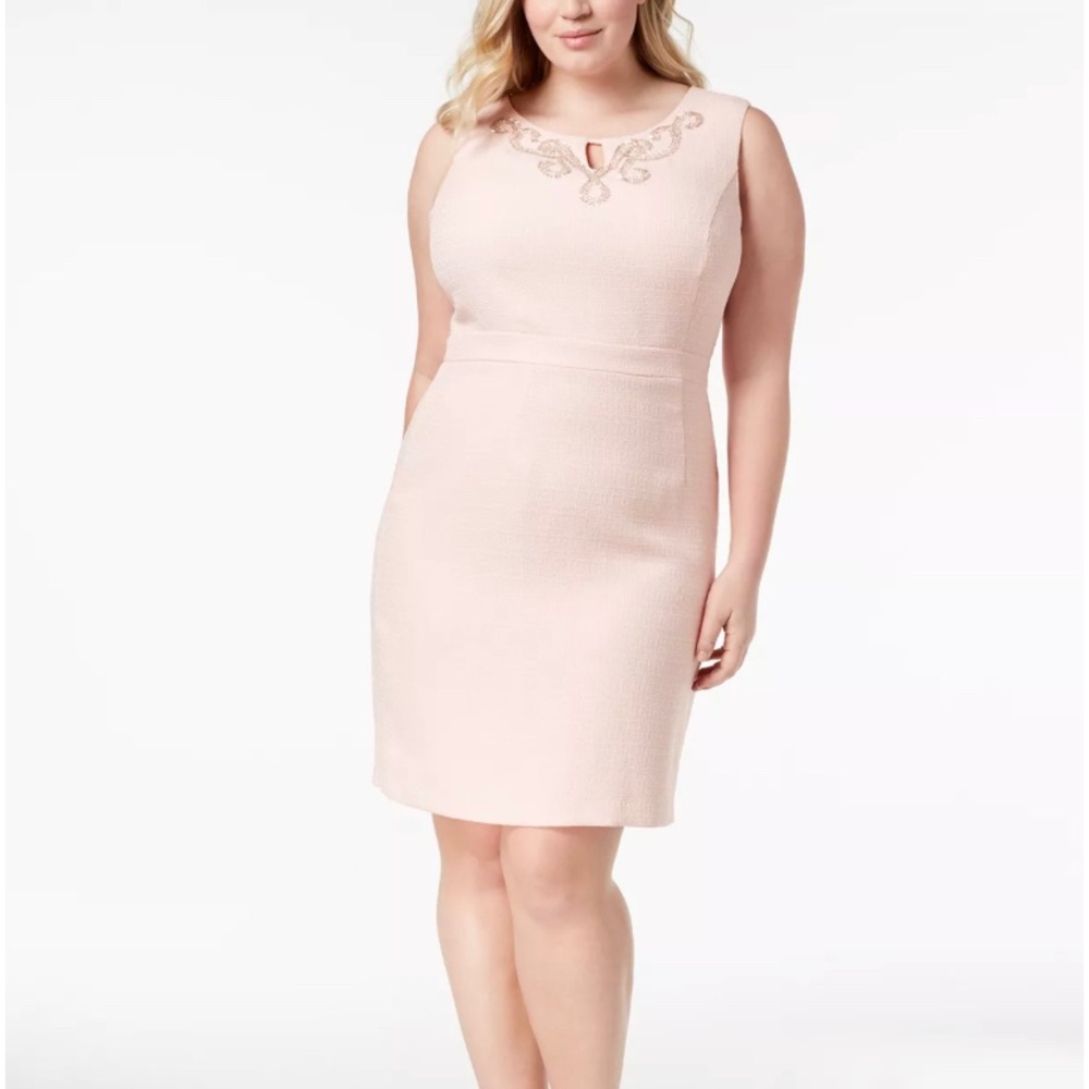 Ellen Tracy- Pink Beaded Neckline Keyhole Sheath Dress w Back Zip- Size:8